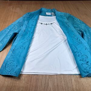 Alfred Dunner Turquoise Sheer Shirt & White Tank 2-Piece Set Size 16